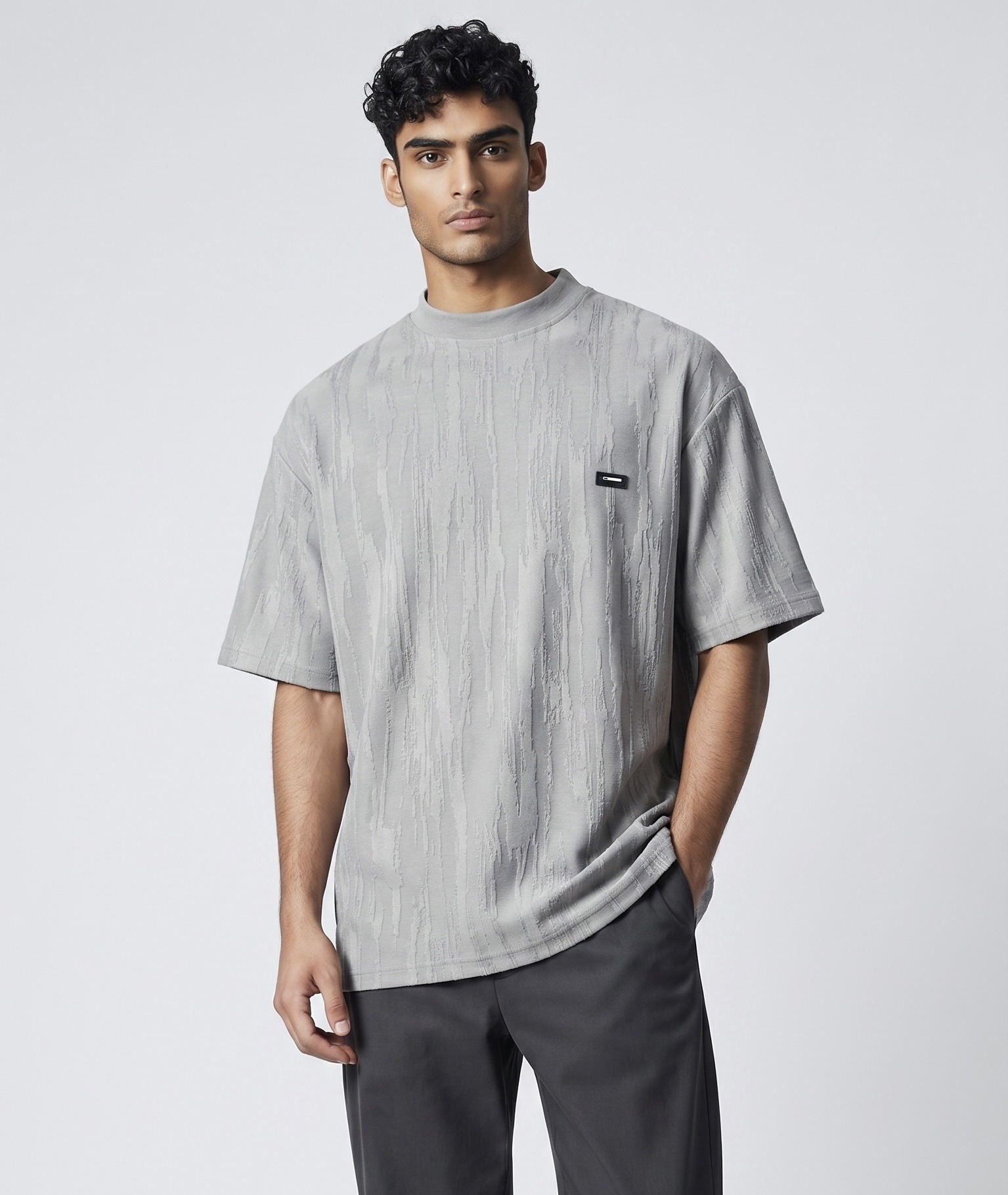 Wholesaler Omnimen - Oversized Grey Textured Tone-on-Tone T-shirt