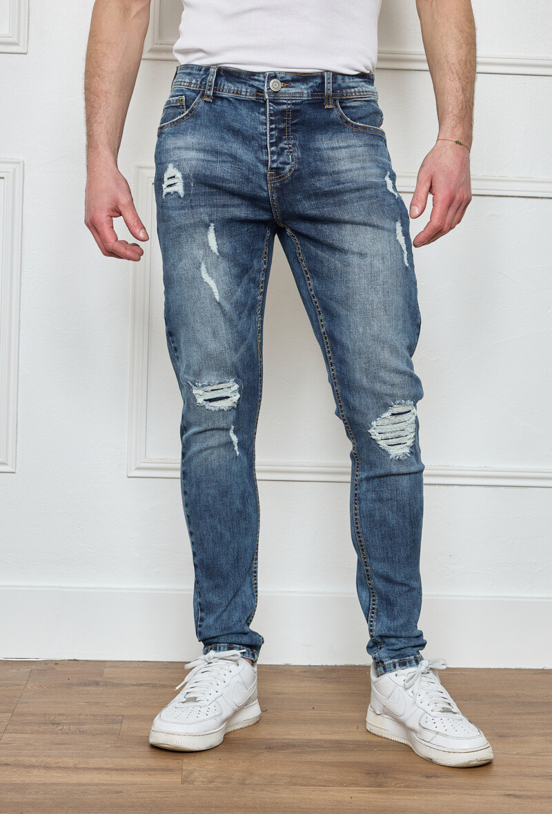 Grossiste Omnimen - Jeans Homme Skinny Denim Bleu DESTROY
