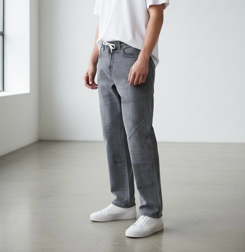 Großhändler Omnimen - Graue Jeans - Lässige Gerade Passform mit Kordelzug