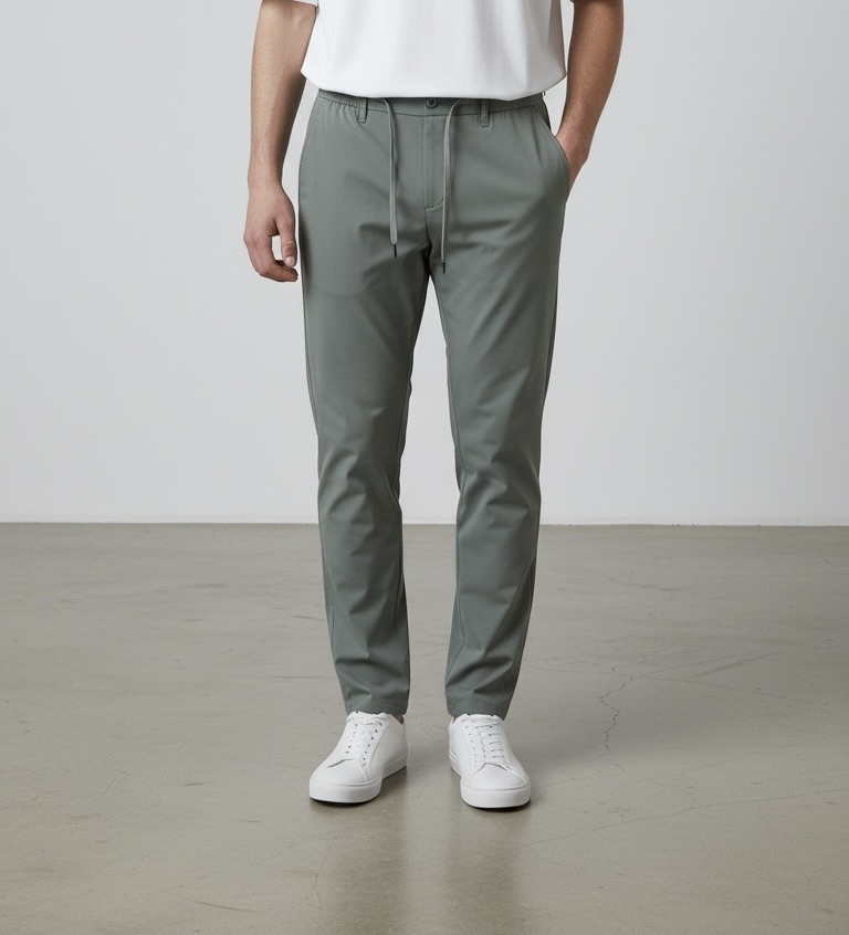 Großhändler Omnimen - Schmal geschnittene Hose aus strukturiertem Bi-Stretch-Material mit bequemem Kordelzug Großhändler Omnimen - Schmal geschnittene Hose aus strukturiertem Bi-Stretch-Material mit bequemem Kordelzug