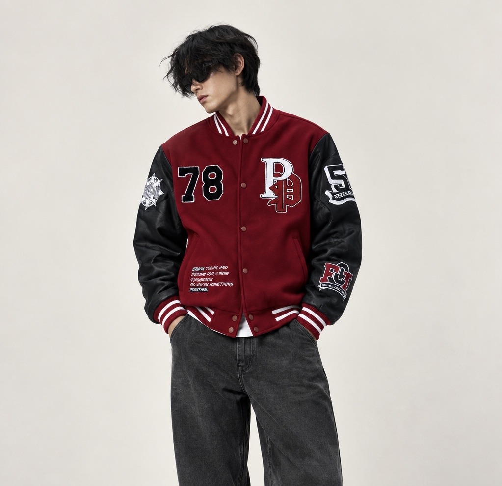 Grossiste Omnimen - Veste Baseball Vintage Rouge & Noir – Esprit College US