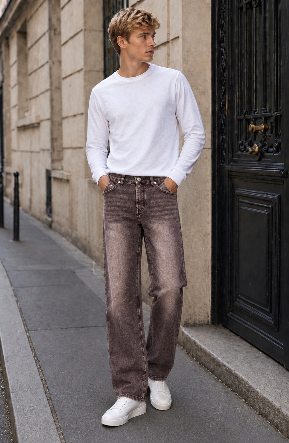 Grossiste PHILIPP ICON - Jean coupe droite Rouge bordeaux  délavé