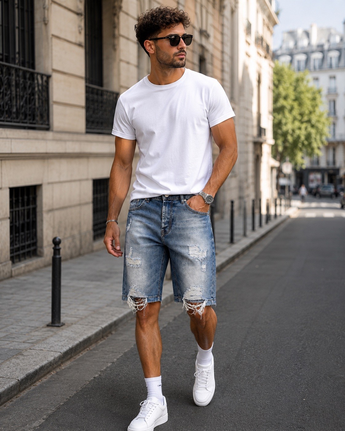 Grossiste PHILIPP ICON - Short en jean déchiré avec doublure stretch