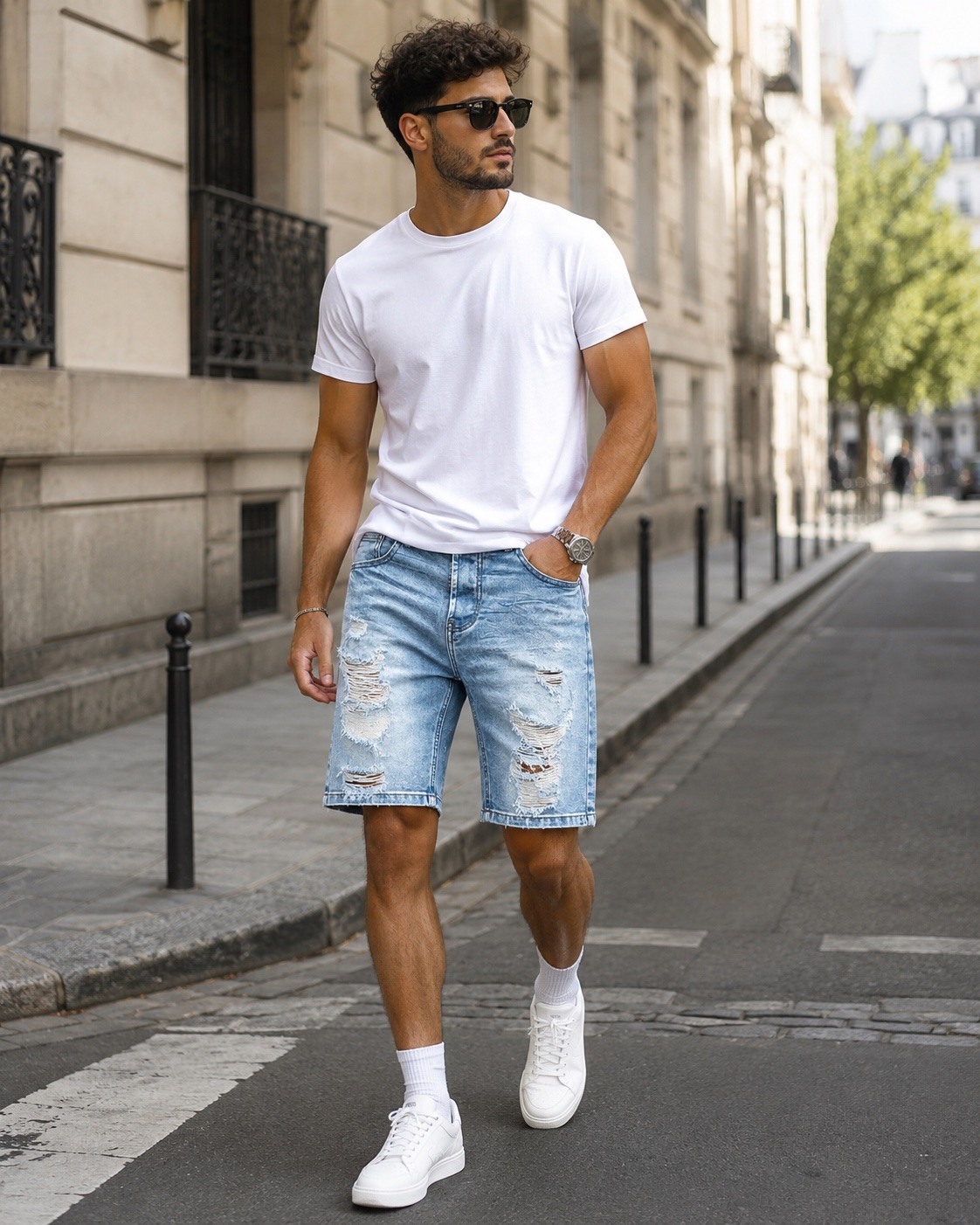 Grossiste PHILIPP ICON - Short en jean déchiré avec doublure stretch