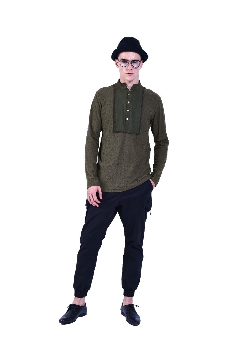 Wholesaler PLACED BY GIDEON - Men's Long Sleeves T-shirt with collar and patch - Kaki