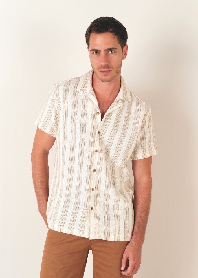 Grossiste RMS 26 BY FRANCE DENIM - Chemise MC coton texturé rayé Col bowling