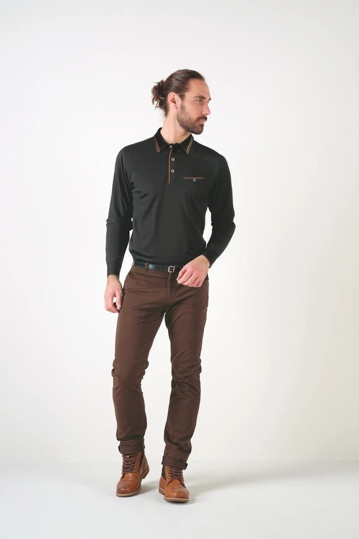 Wholesaler RMS 26 BY FRANCE DENIM - Long-sleeve STRETCH Polo with Alcantara Details