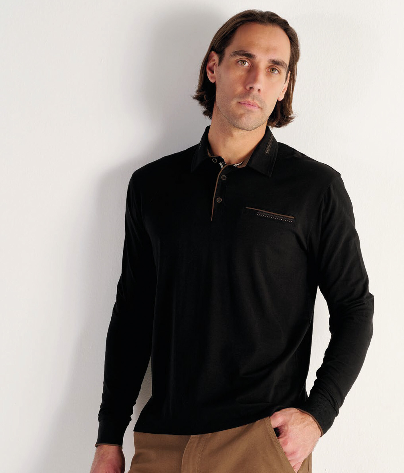 Großhändler RMS 26 BY FRANCE DENIM - Langarm-Stretch-Jersey-Polo mit AOP-Details