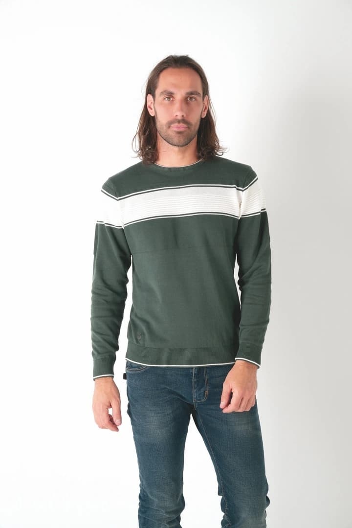 Wholesaler RMS 26 BY FRANCE DENIM - Two-tone crew neck sweater with placed stripe Gauge 12