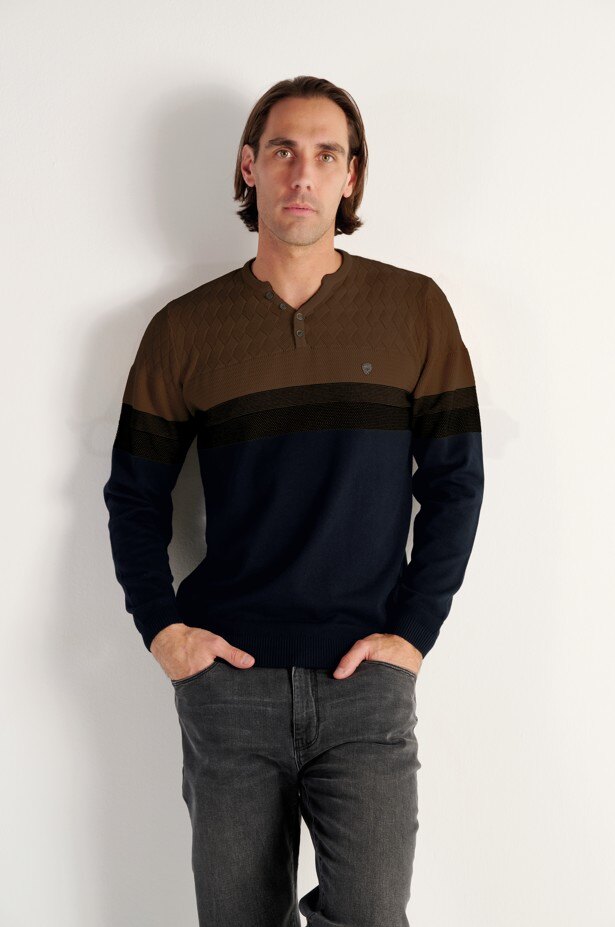 Mayorista RMS 26 BY FRANCE DENIM - Suéter de punto bicolor con cuello en Y, calibre 12