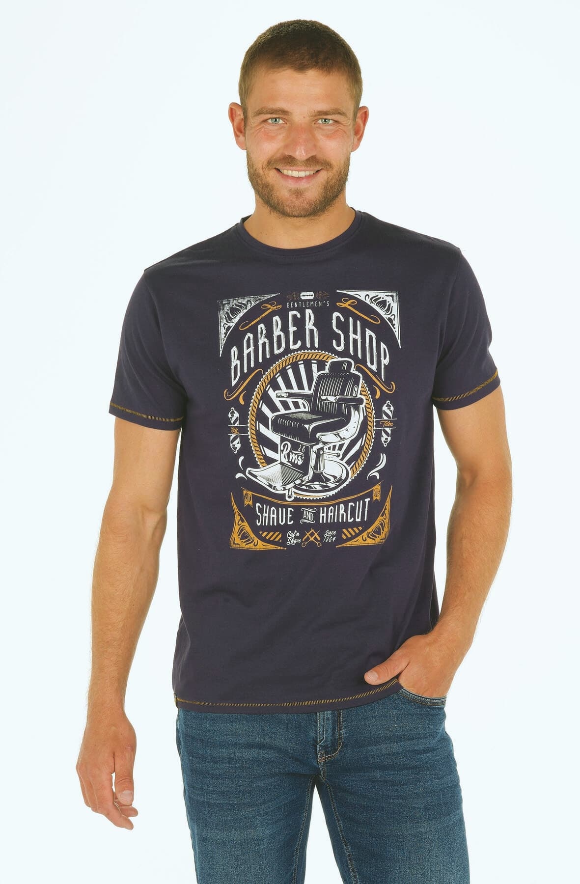 Mayorista RMS 26 BY FRANCE DENIM - Camiseta de cuello redondo con estampado Barber Shop