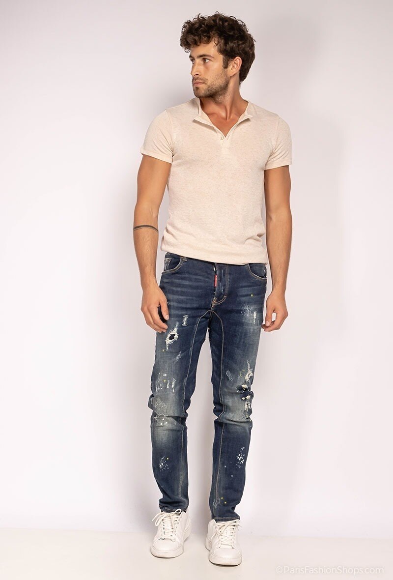 Großhändler ROSS CARRA - Destroyed Blue Slim Fit Stretch-Jeans