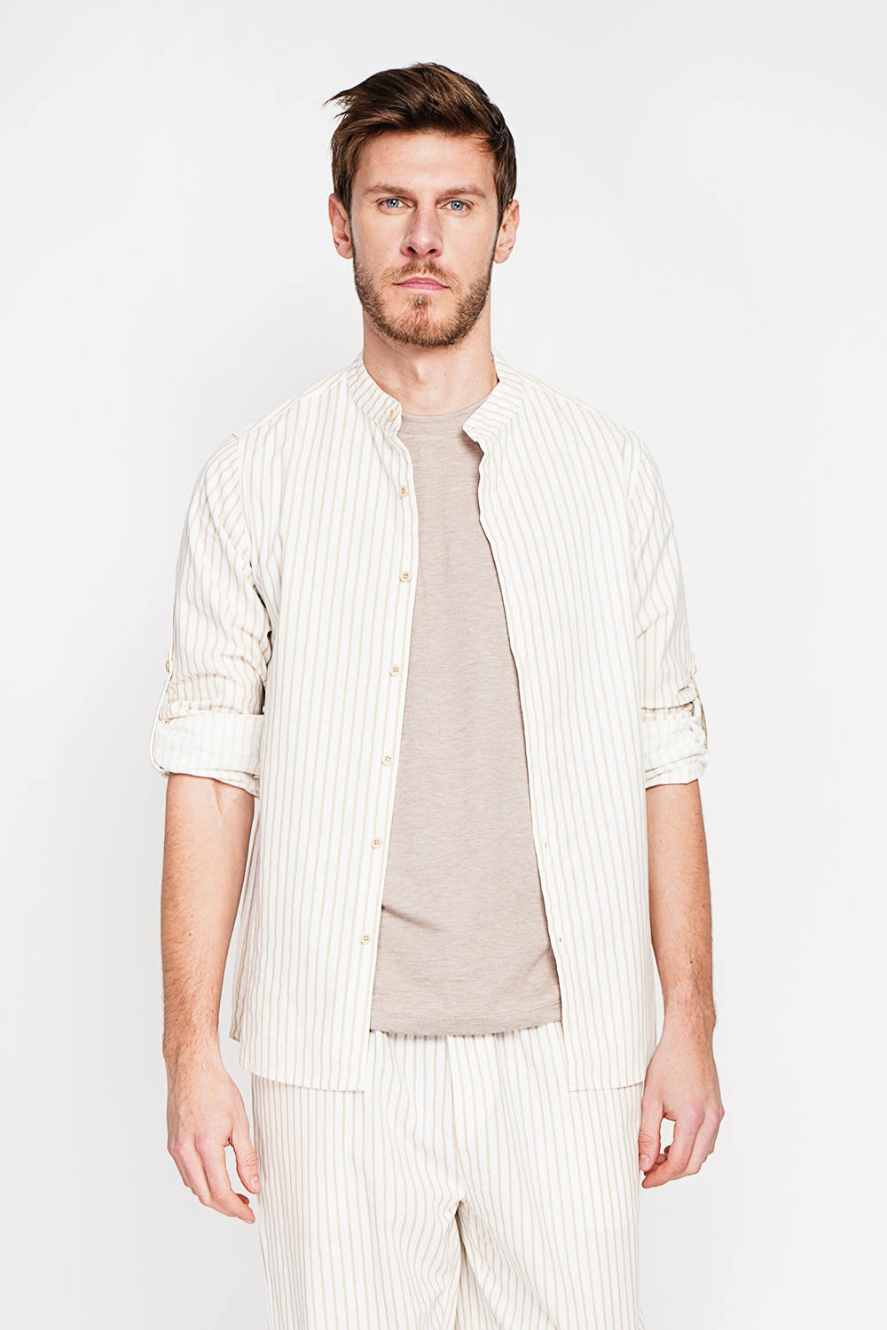 Wholesaler Secret du Lin - Long sleeve shirt with mandarin collar and fine stripes
