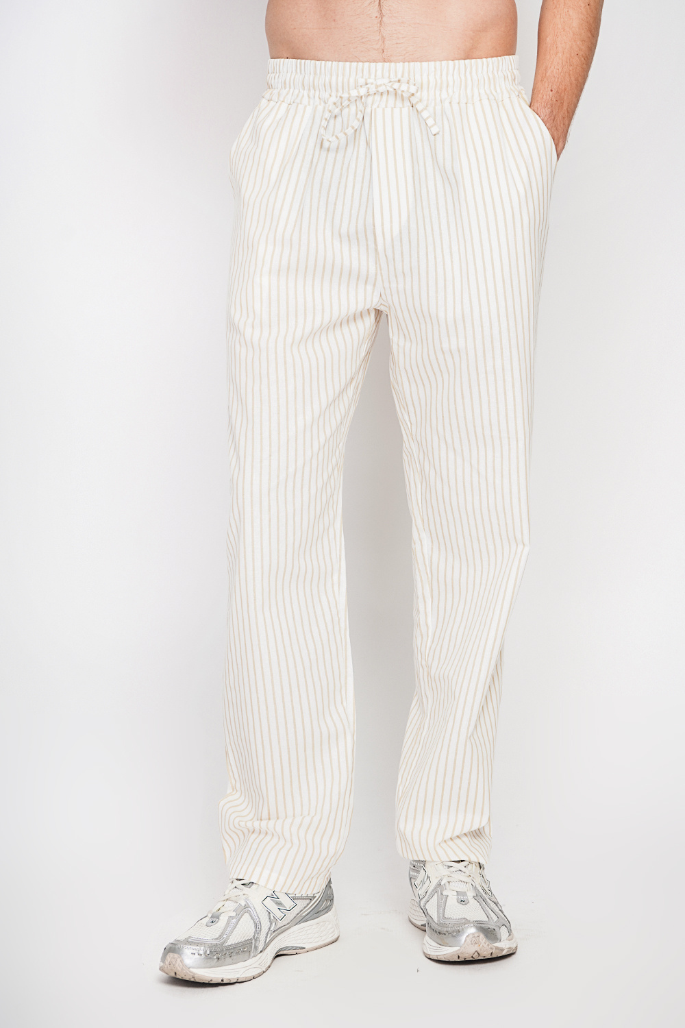 Wholesaler Secret du Lin - Straight-cut pinstripe trousers, Elastic waistband with drawstring, 2 front side pockets