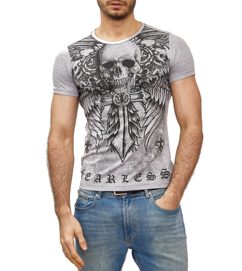 Wholesaler SUBLIMINAL MODE - Subliminal Mode - Short Sleeve Skull Print T Shirt with Rhinestones