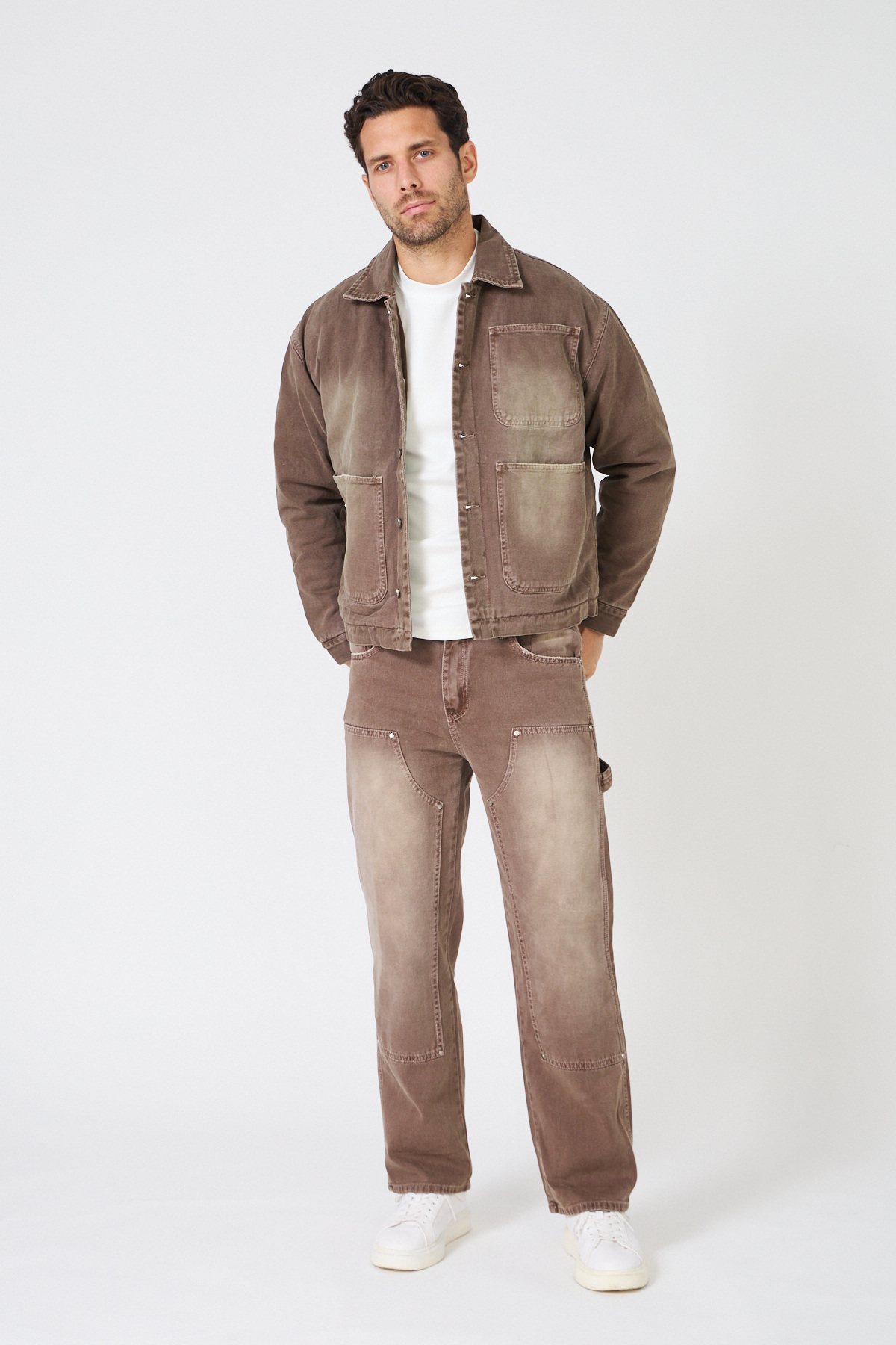 Großhändler TOP MONDAY - Braunes ausgewaschenes Denim-Jacke und Hose – Set
