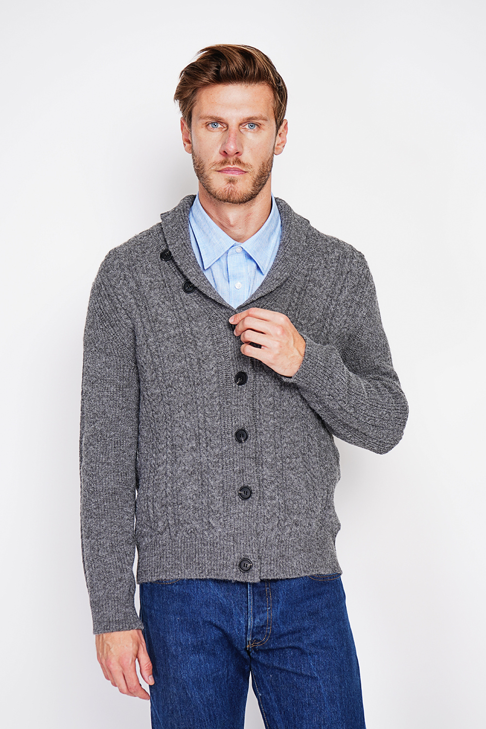 Wholesaler William de Faye - Cable knit shawl collar cardigan with long sleeves