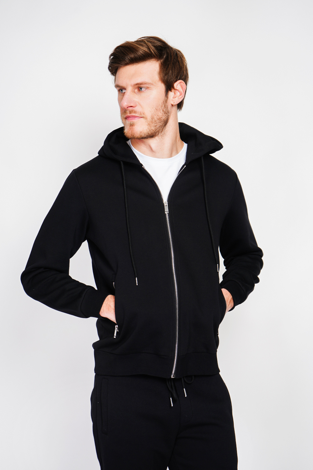 Wholesaler William de Faye - Double-faced fleece zip-up hoodie with adjustable drawstring