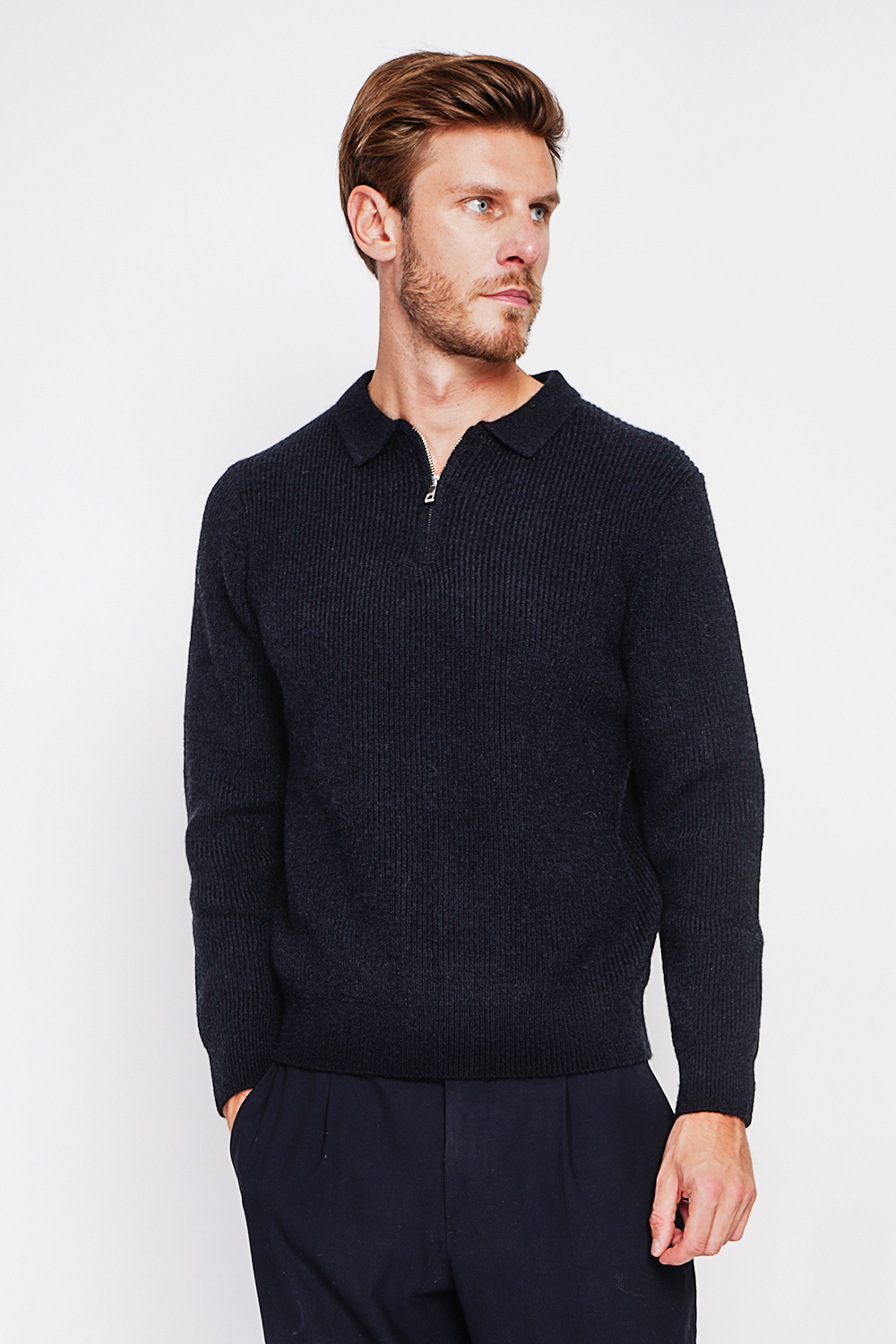 Wholesaler William de Faye - Half-zip polo sweater with full-length sleeves in 6-ply yarn