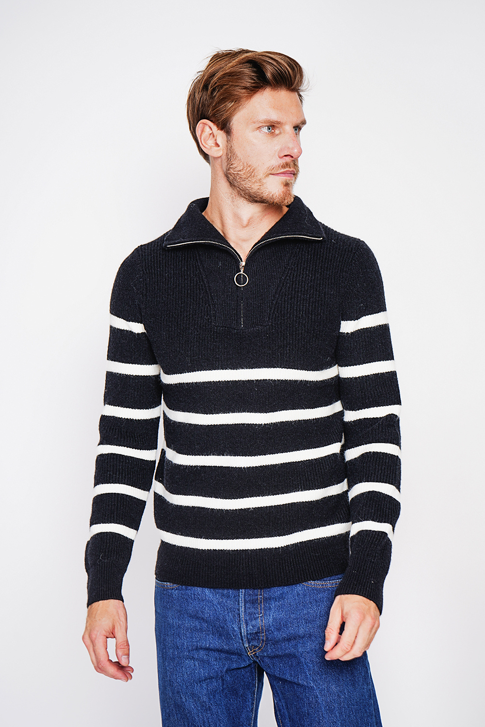 Wholesaler William de Faye - Nautical sweater with zip-up trucker collar and fancy knit sleeves