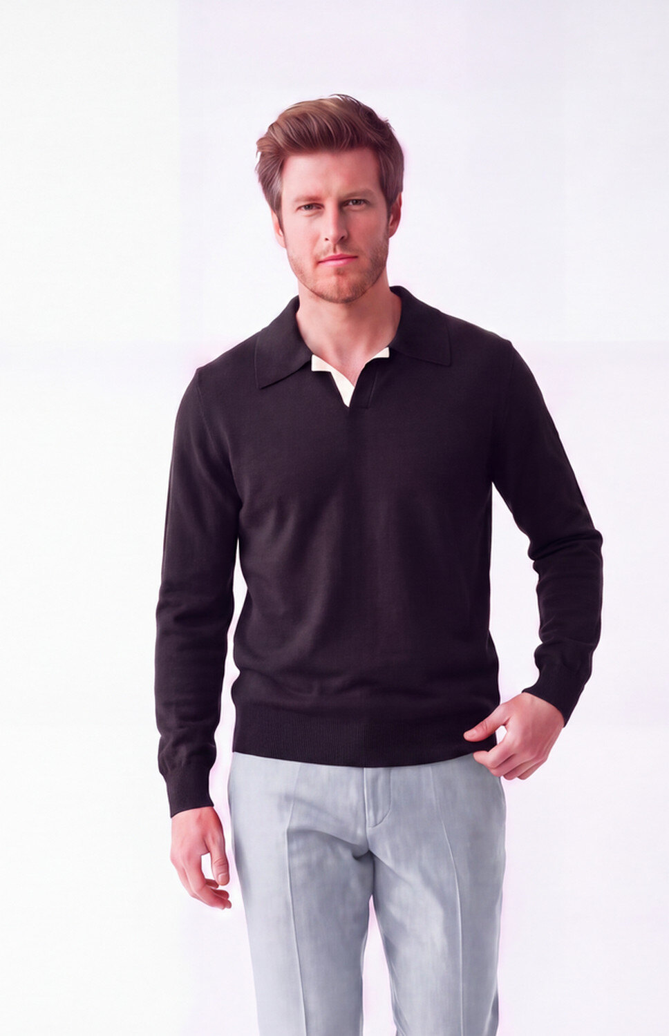 Grossiste William de Faye - Pull col polo bicolore oversize, manches longues, 2 fils