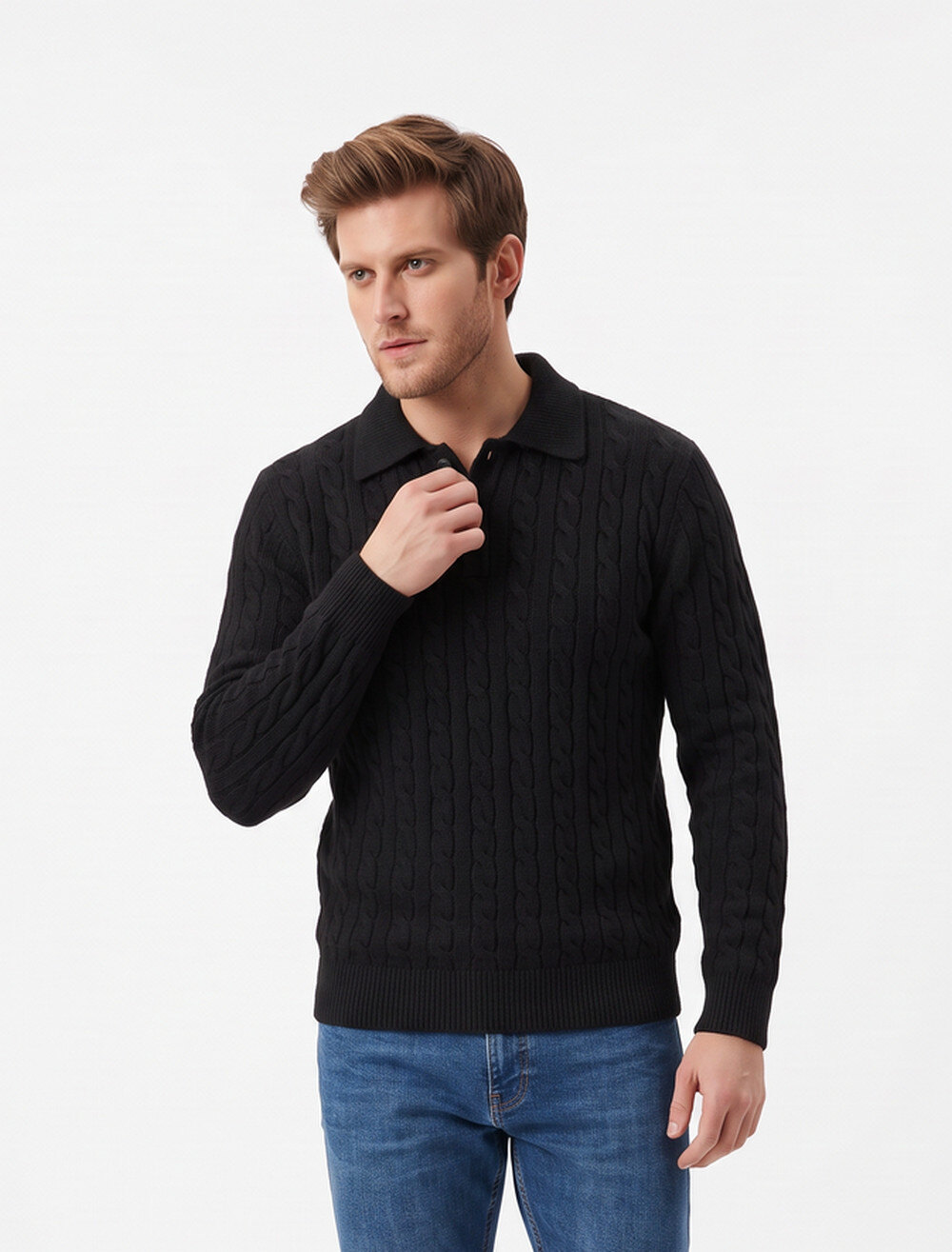 Grossiste William de Faye - Pull col polo torsade à manches longues 4 fils