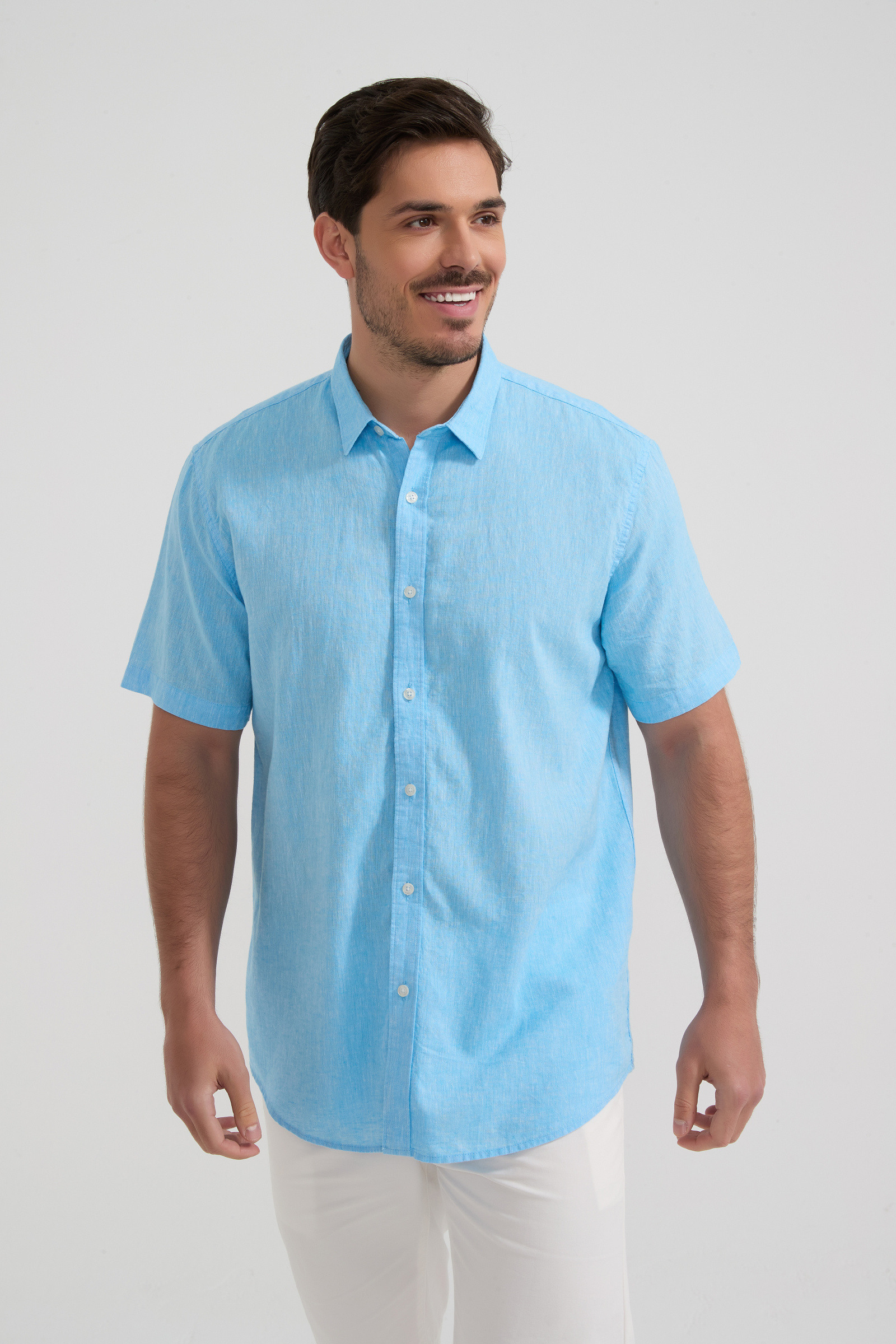 Grossista Yves Enzo Paris - Camicia a Maniche Corte Raphael in Puro Lino - Blu Mélange