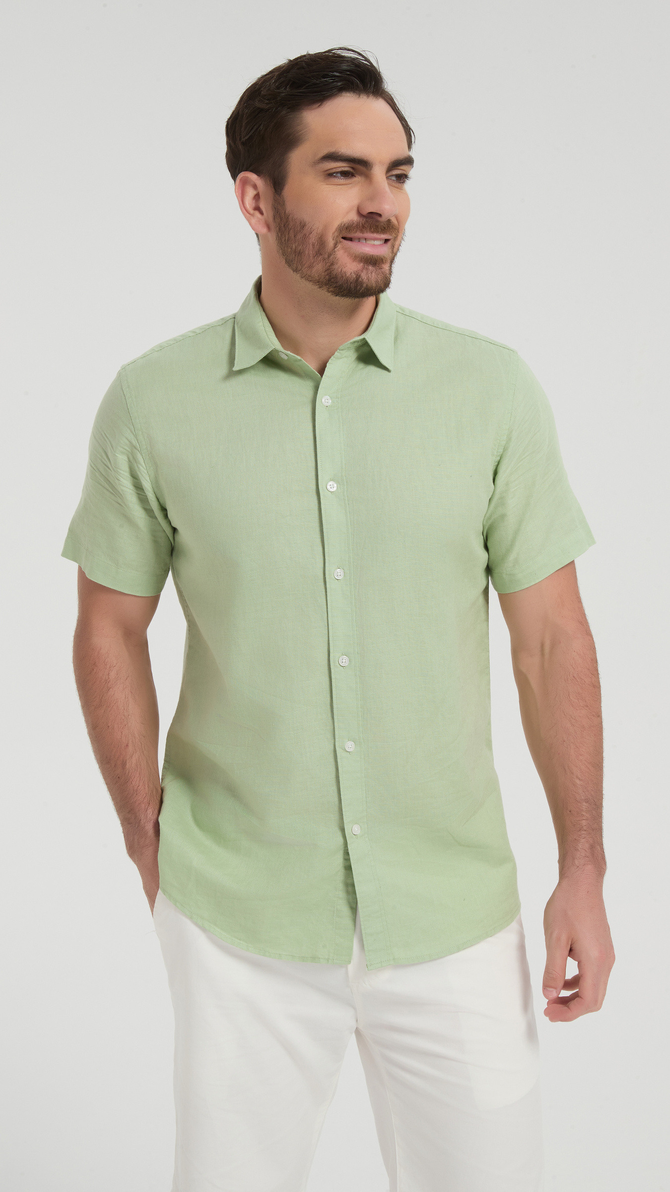 Grossista Yves Enzo Paris - Camicia a maniche corte Raphael in puro lino - Verde salvia