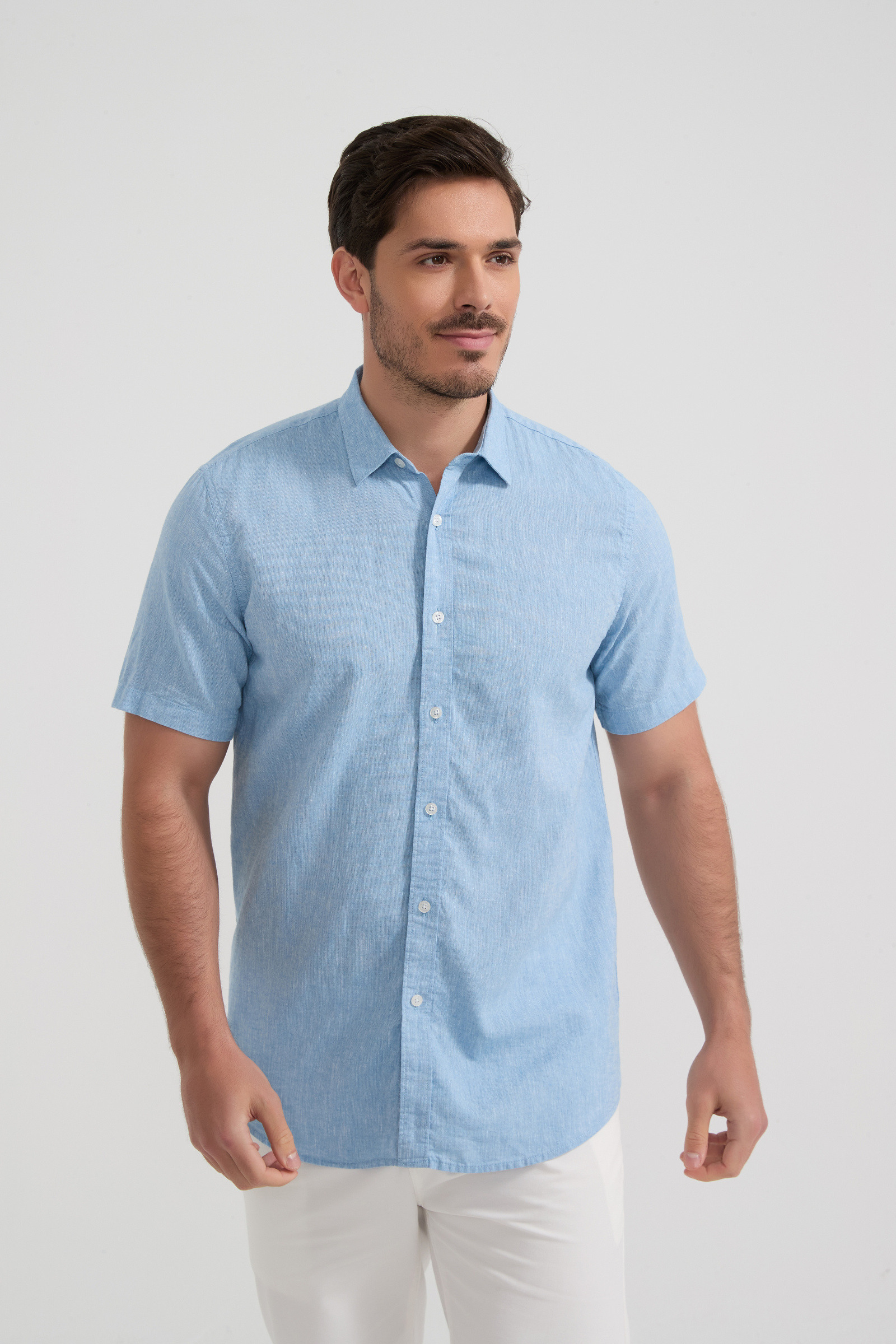 Grossista Yves Enzo Paris - Camicia a Maniche Corte Raphael in Lino Puro - Denim Mélange