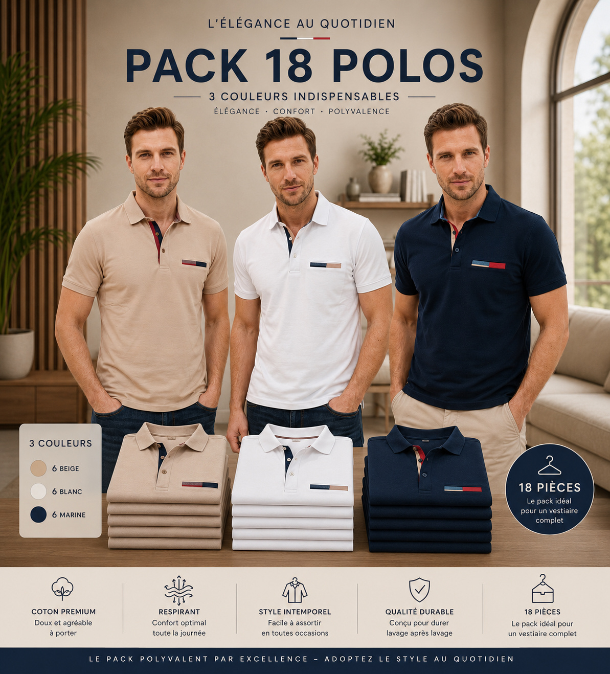 Großhändler Yves Enzo Paris - Packung mit 18 Royal-Piqué-Baumwollpolos - 3 Farben