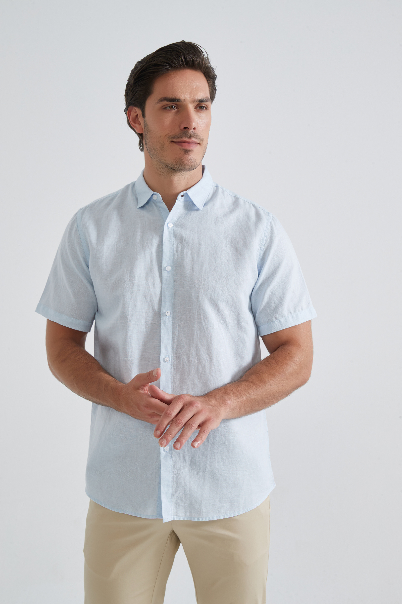 Grossista Yves Enzo Paris - Camicia a maniche corte Raphael in puro lino - Azzurro cielo