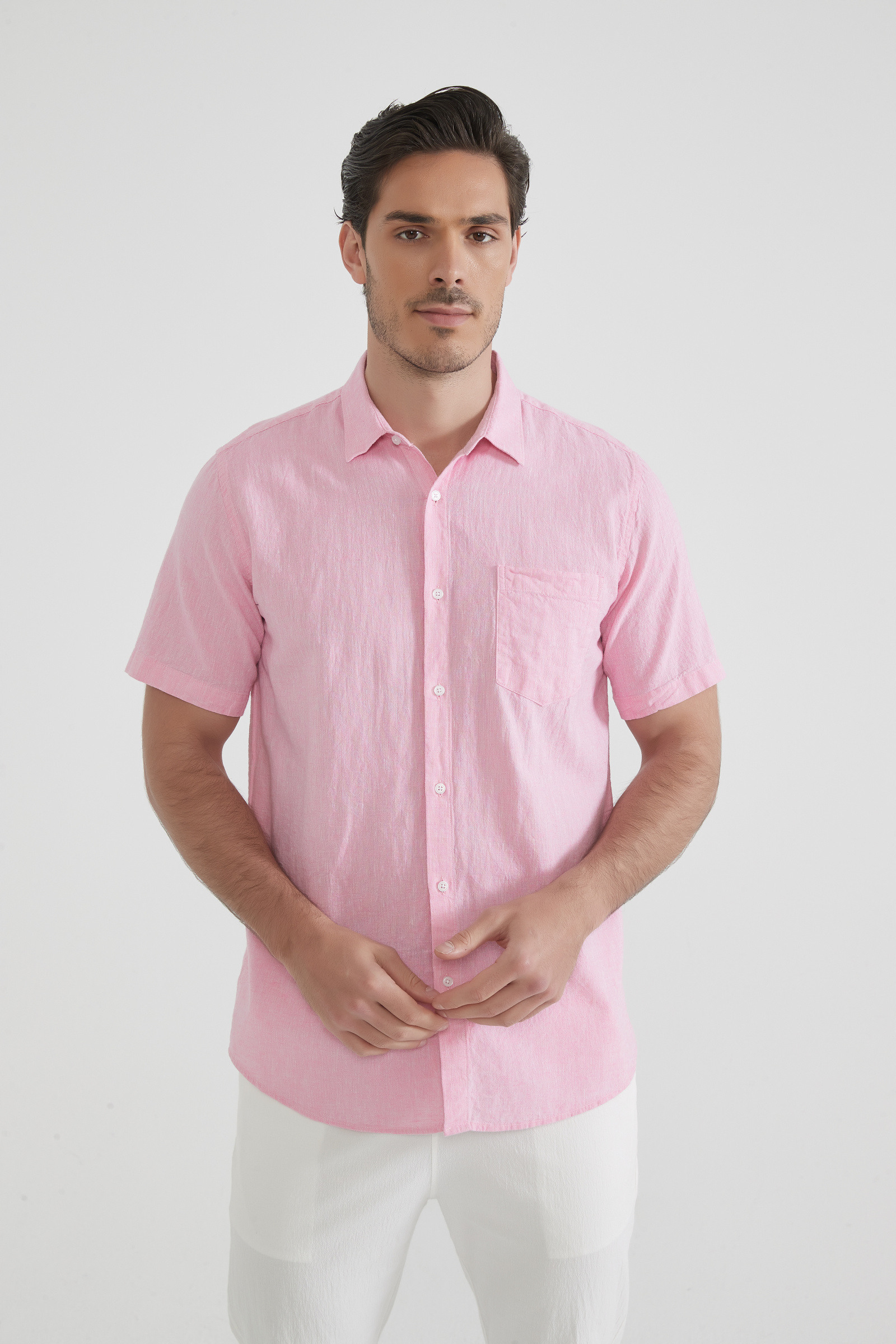 Wholesaler Yves Enzo Paris - Raphael Pure Linen Short Sleeve Shirt - Coral