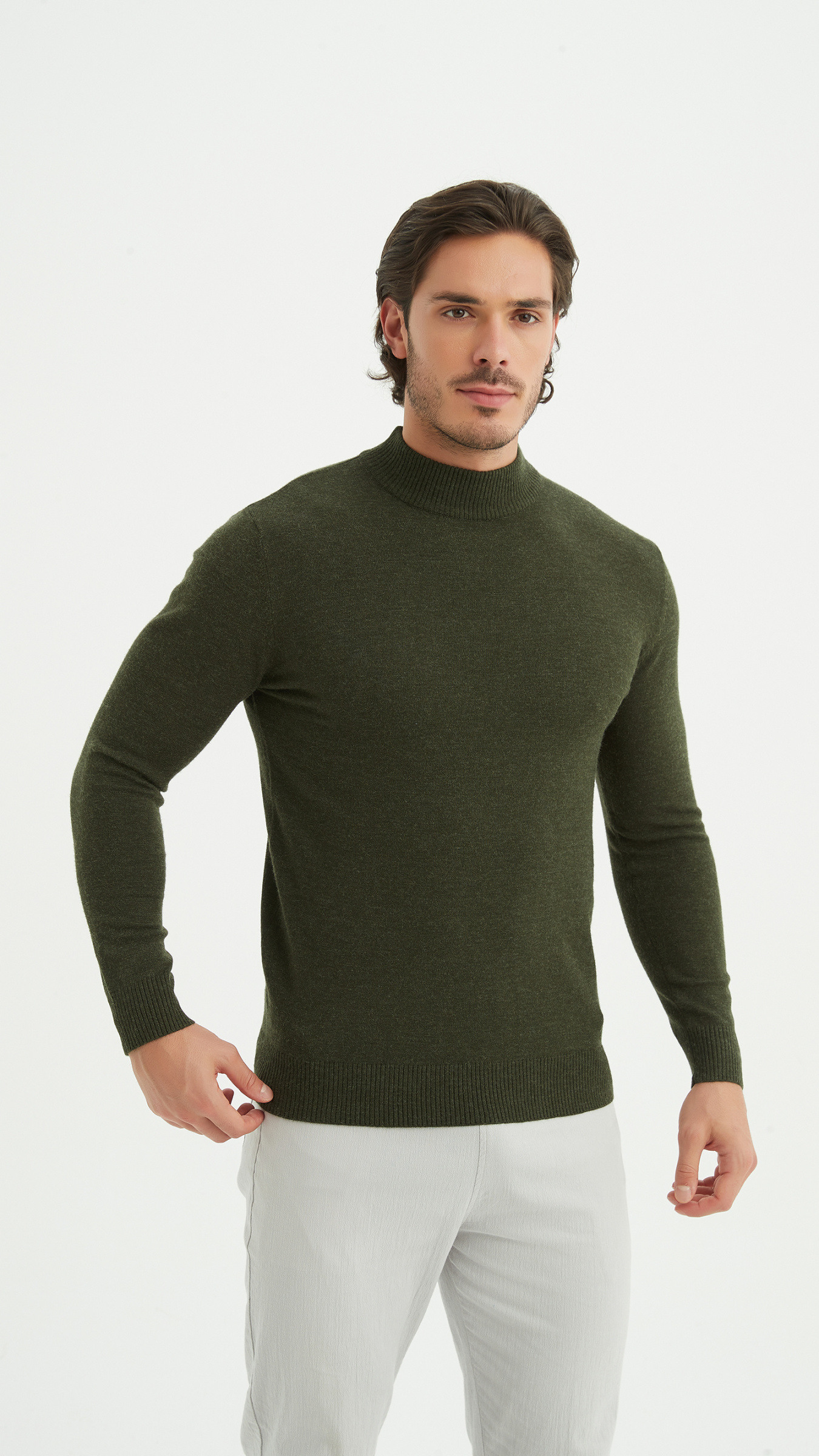 Grossiste Yves Enzo Paris - Pull col cheminé en vert kaki