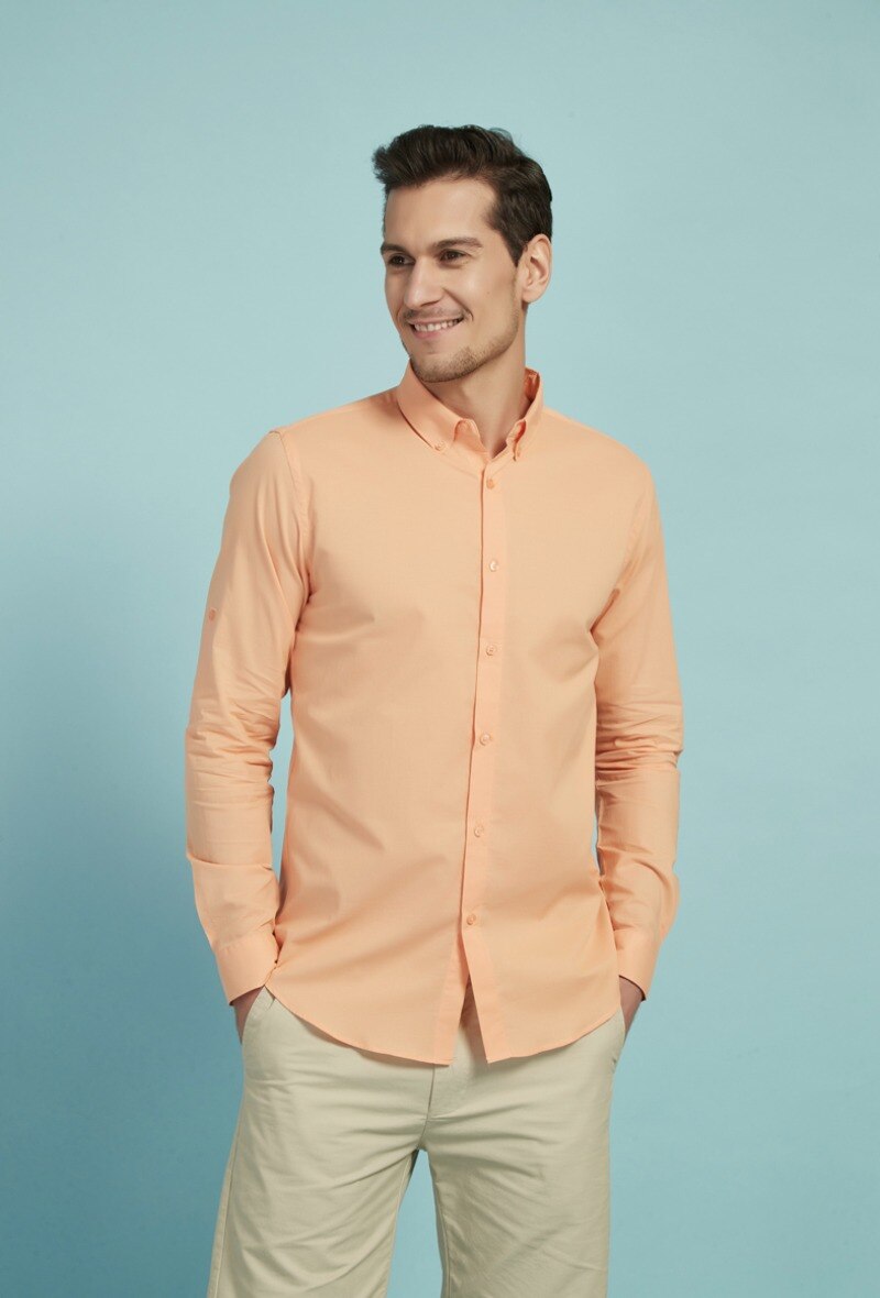 Grossiste Yves Enzo - Chemise orange voile de coton coupe ajustée