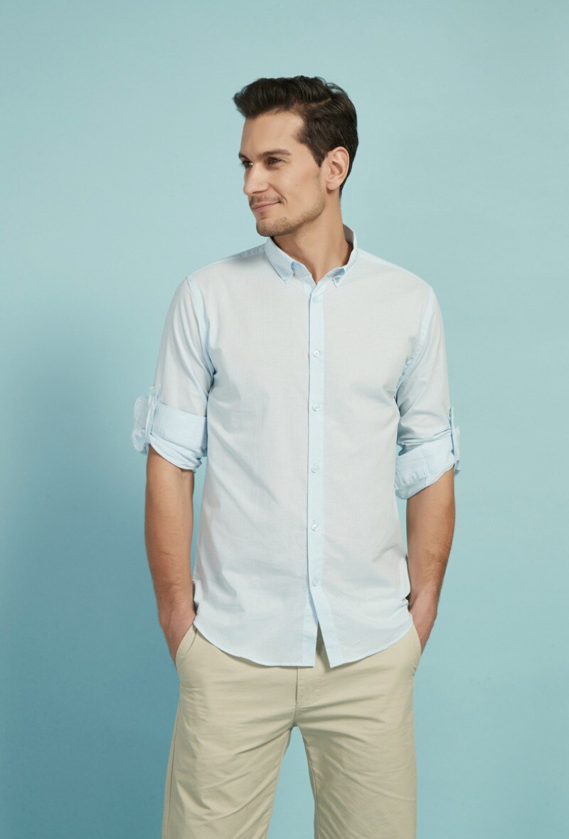 Grossiste Yves Enzo - Chemise bleu ciel voile de coton coupe ajustée