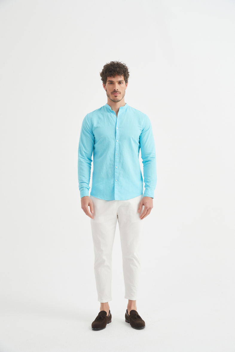 Grossiste Yves Enzo - Chemise col mao en lin coupe ajustée