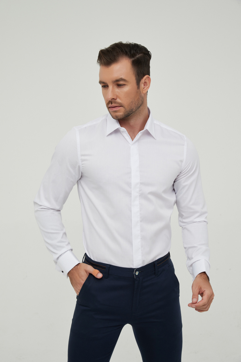 Wholesaler Yves Enzo - White slim fit cotton poplin shirt with French cuffs