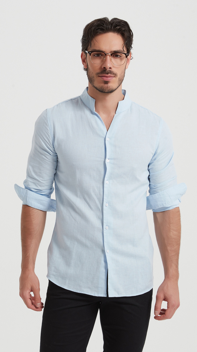 Wholesaler Yves Enzo - Slim-fit linen shirt with shawl collar