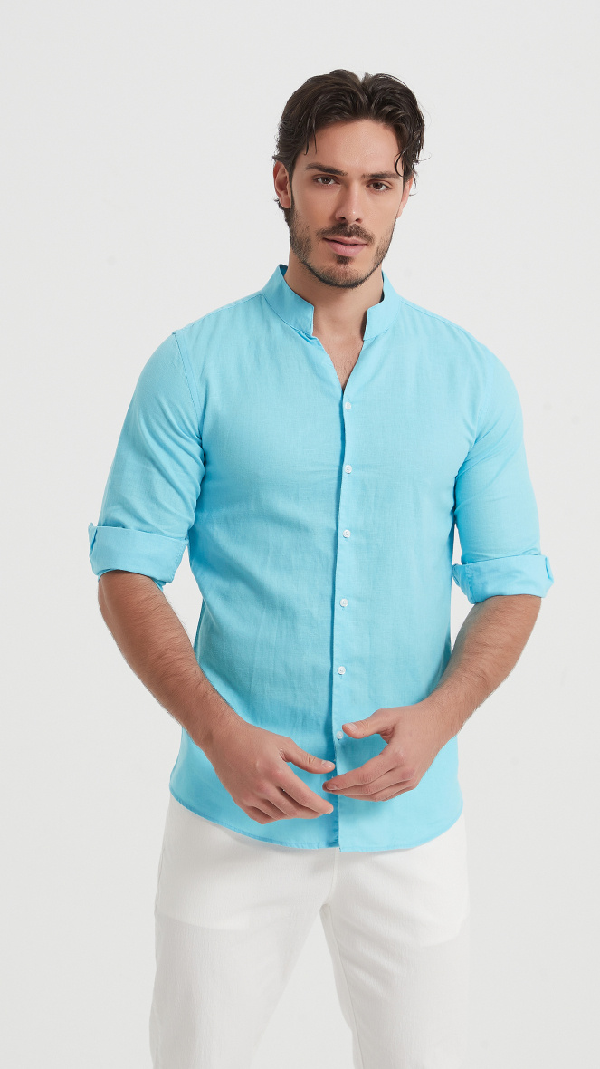 Wholesaler Yves Enzo - Slim-fit linen shirt with shawl collar