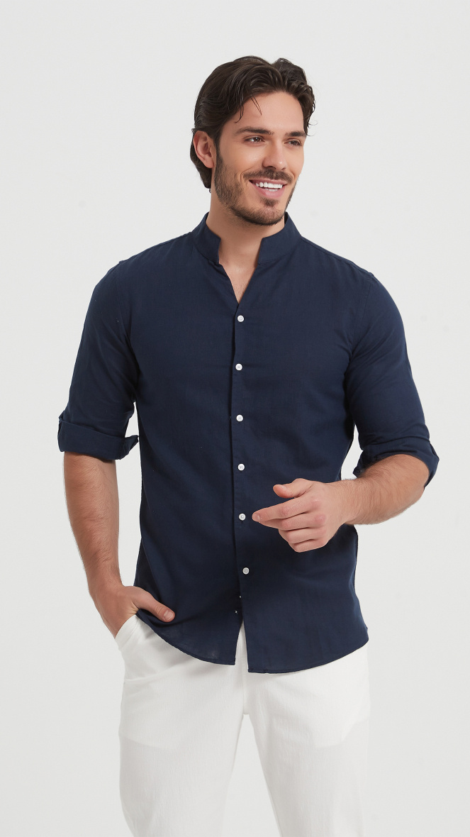 Wholesaler Yves Enzo - Slim-fit linen shirt with shawl collar