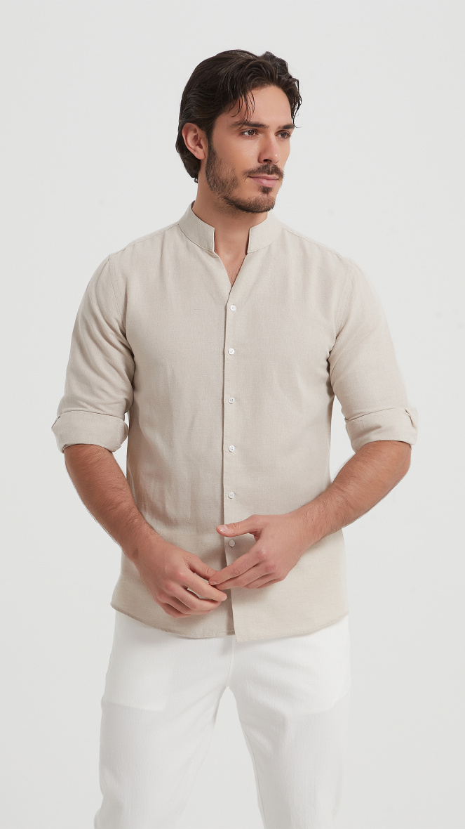 Wholesaler Yves Enzo - Slim-fit linen shirt with shawl collar