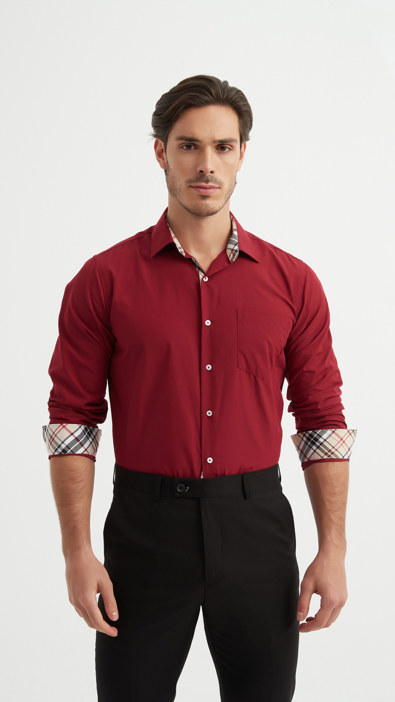 Grossista Yves Enzo - Camicia a quadri TARTAN tinta unita vestibilità comoda