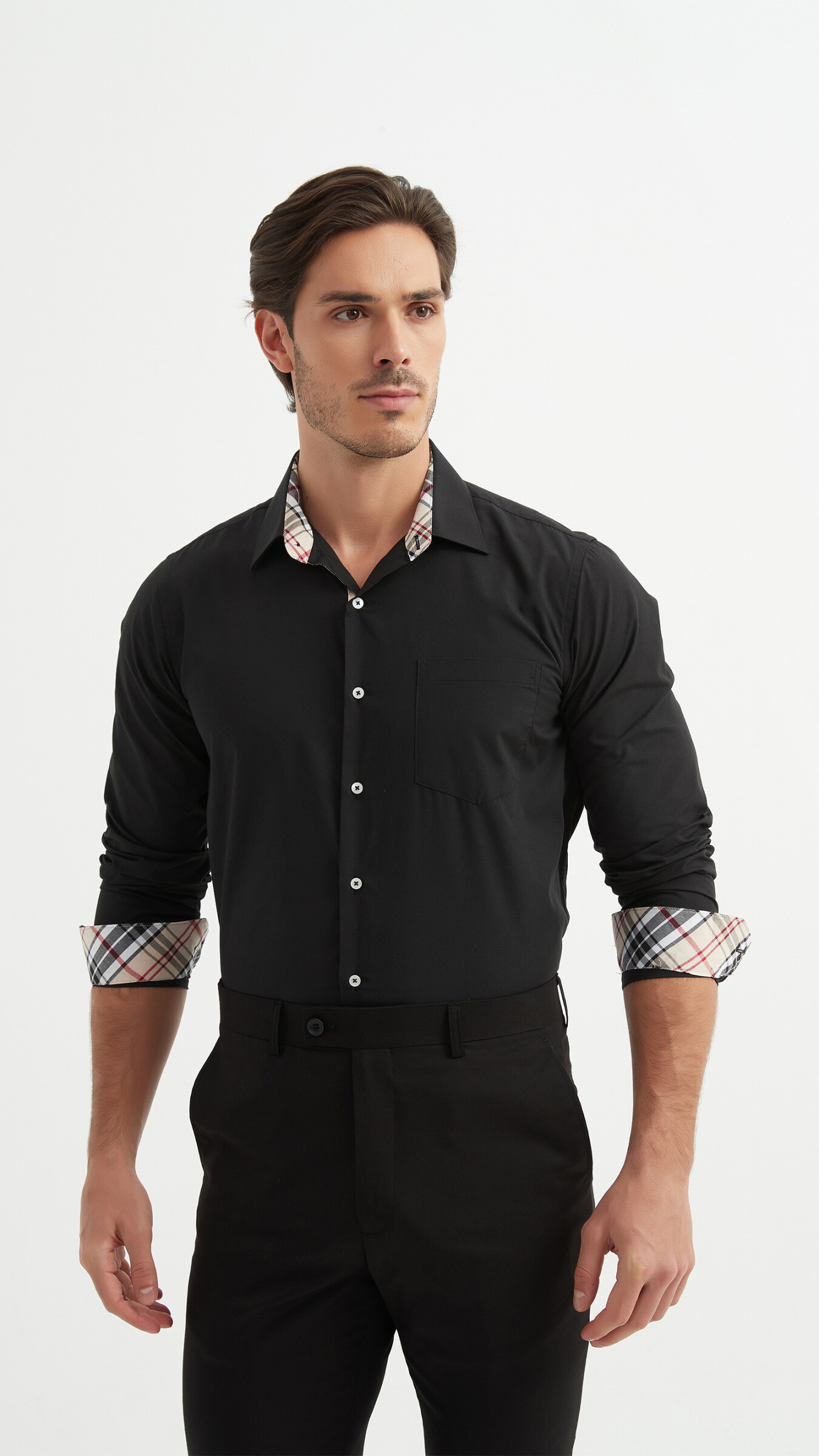 Grossista Yves Enzo - Camicia a quadri TARTAN tinta unita vestibilità comoda