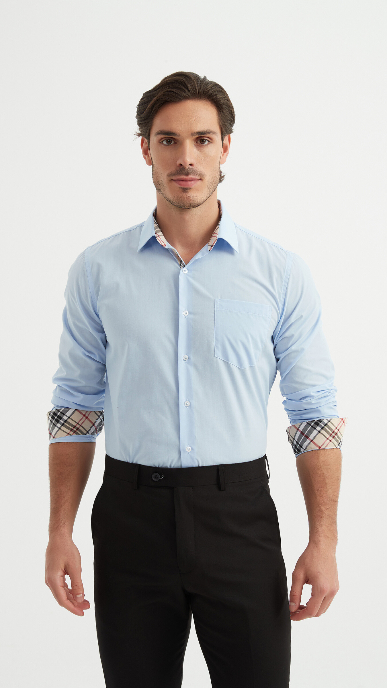 Grossista Yves Enzo - Camicia a quadri TARTAN tinta unita vestibilità comoda