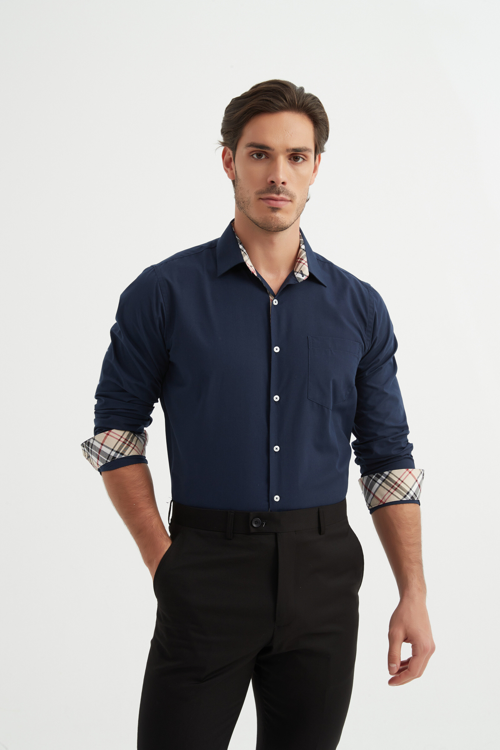 Grossista Yves Enzo - Camicia a quadri TARTAN tinta unita vestibilità comoda