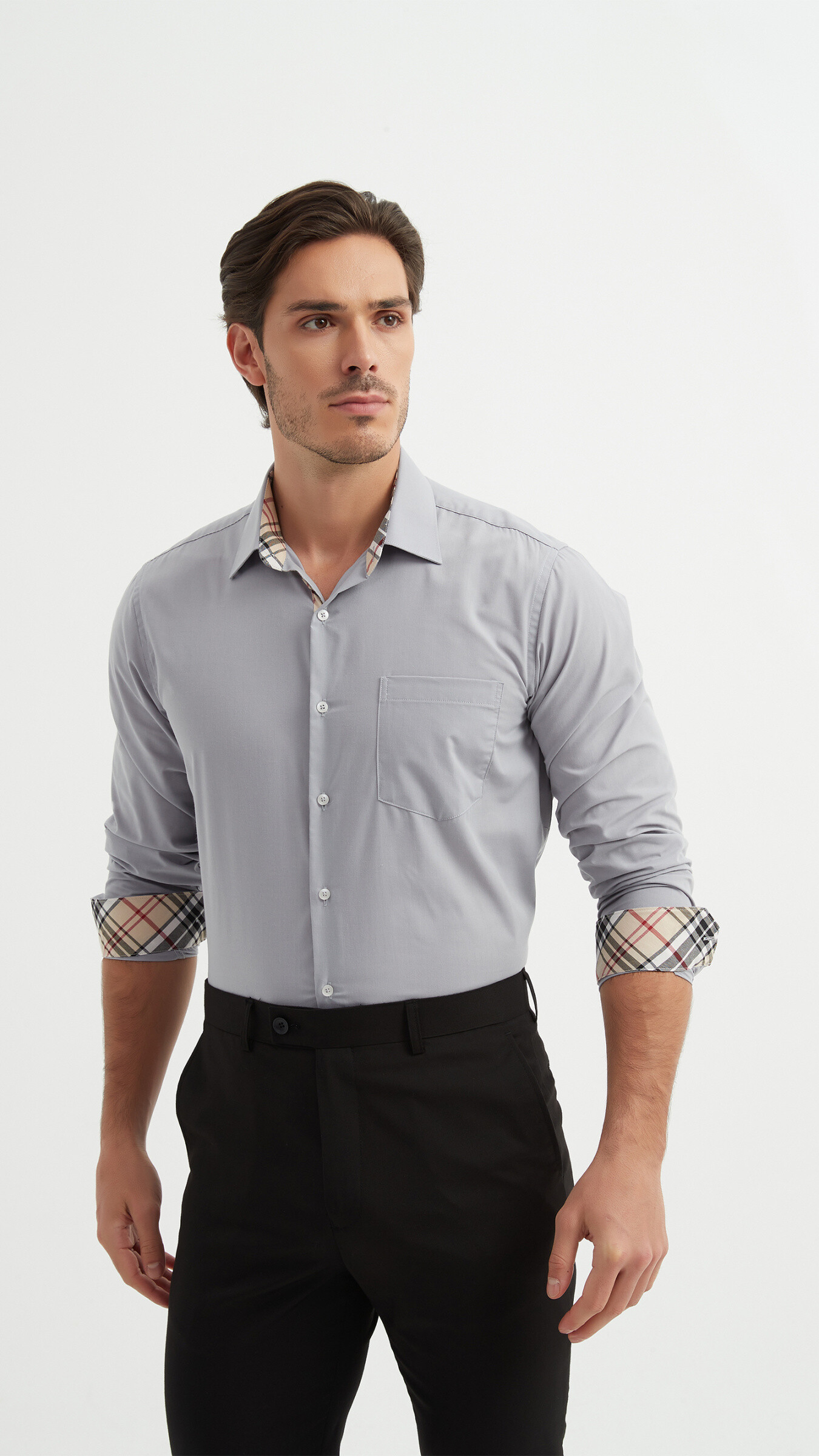 Grossista Yves Enzo - Camicia a quadri TARTAN tinta unita vestibilità comoda