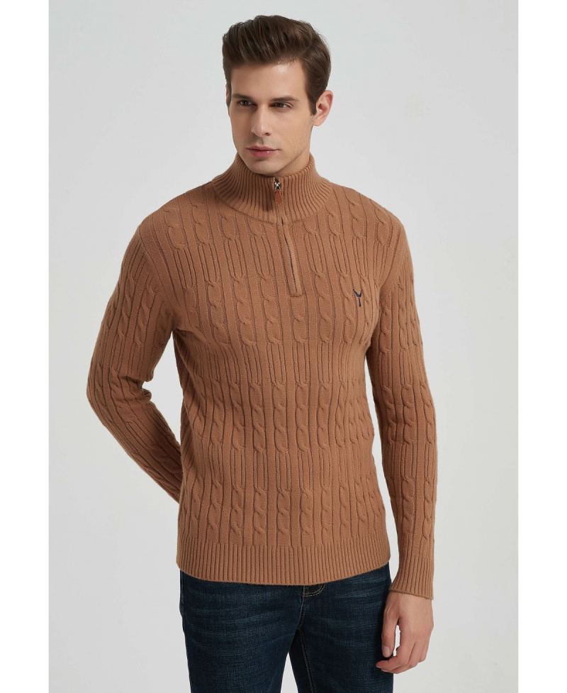 Mayorista Yves Enzo - Jersey de punto de ochos cuello con cremallera & logo - Camel