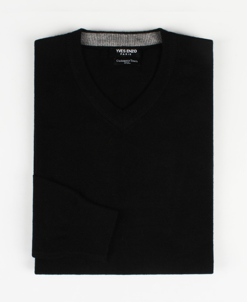 Grossiste Yves Enzo - Pull col V noir cashmere touch 2XL au 5XL