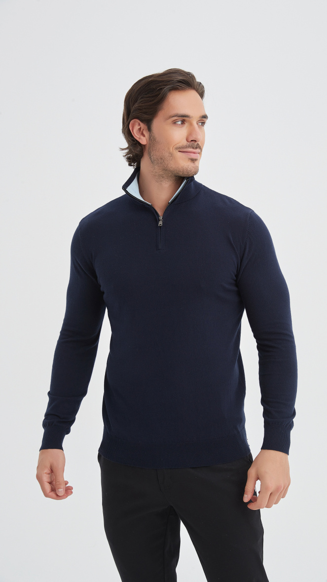 Wholesaler Yves Enzo - Cotton trucker neck sweater - Navy blue