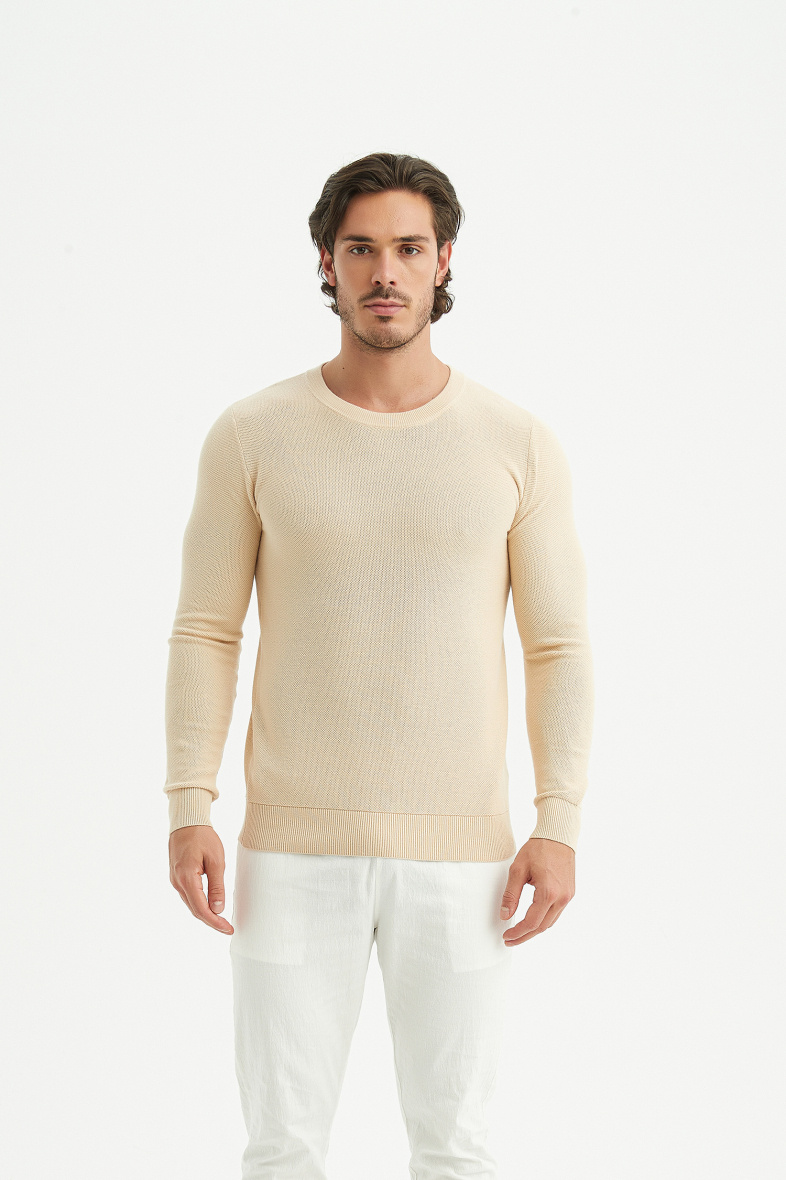 Wholesaler Yves Enzo - Round neck cotton pique sweater - Beige